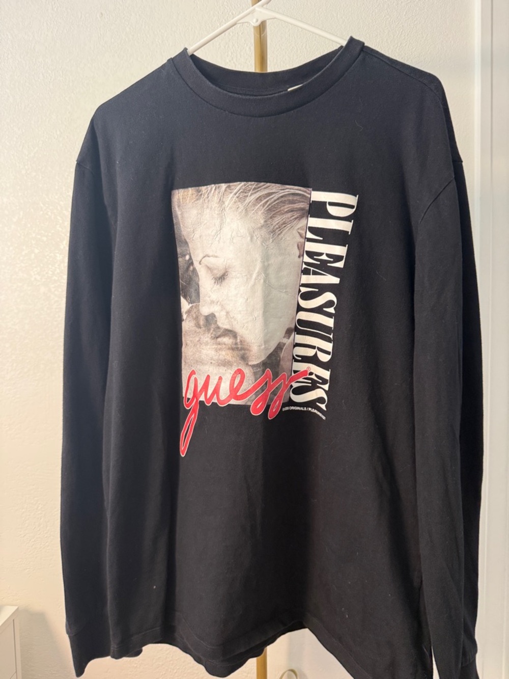 Guess/Pleasures Long Sleeve Shirt Men Black Graphic Tee 40th Anniversary Collab